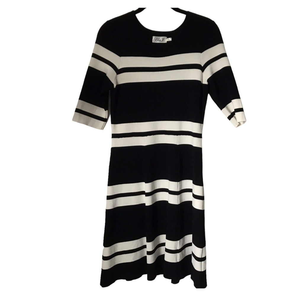 Eliza J Dress Size‎ 8P Fit & Flare Black With White Bold Stripes Short Sleeve